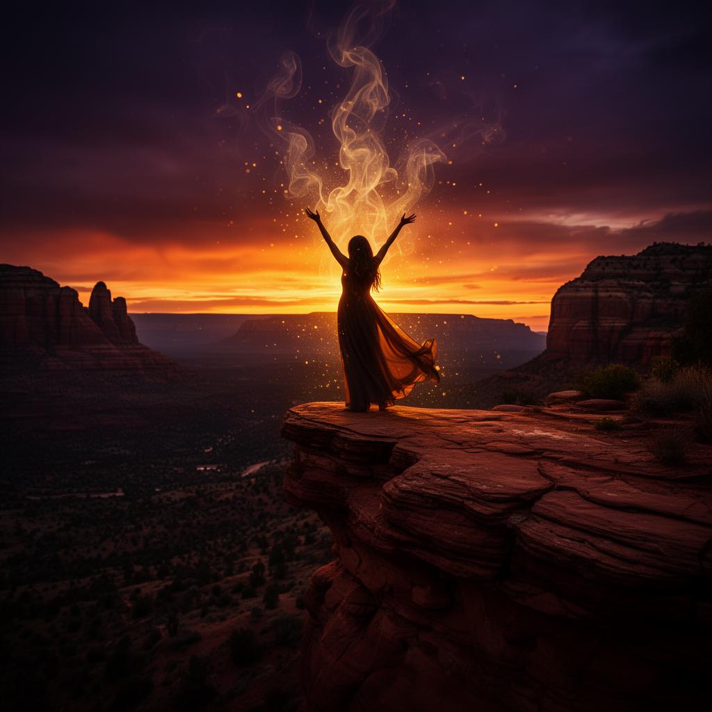 Woman silhouette raising arms at Sedona red rock sunset